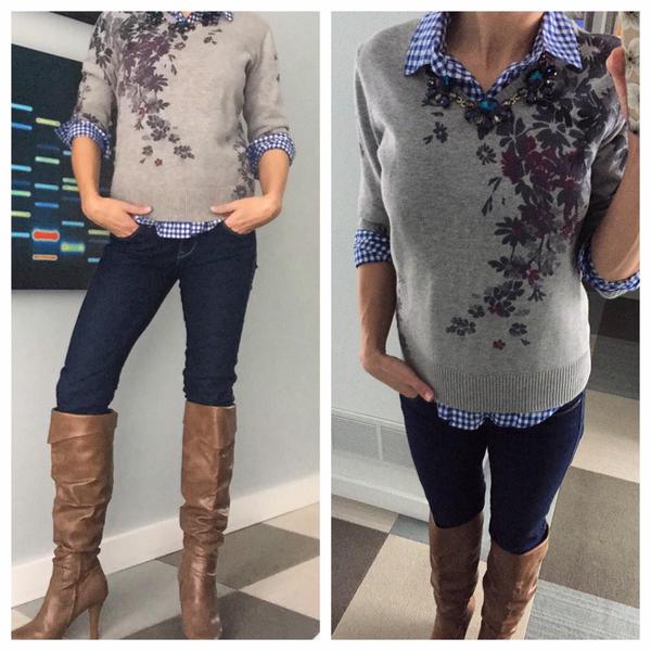 "Thrifty Monday, sweater and boots $5 each #goodwill #opitzoutlet #thriftlook #budgetfashion #momstyle " -Joanna