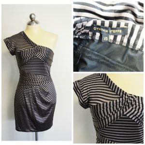 Collage of three photos of a black and gray striped one-shoulder Cynthia Steffe dress