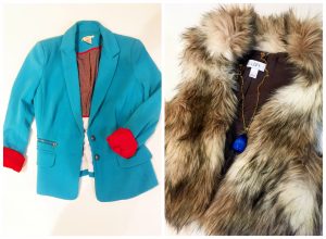 Picture Collage of blue and orange Esley blazer and LOFT fur vest