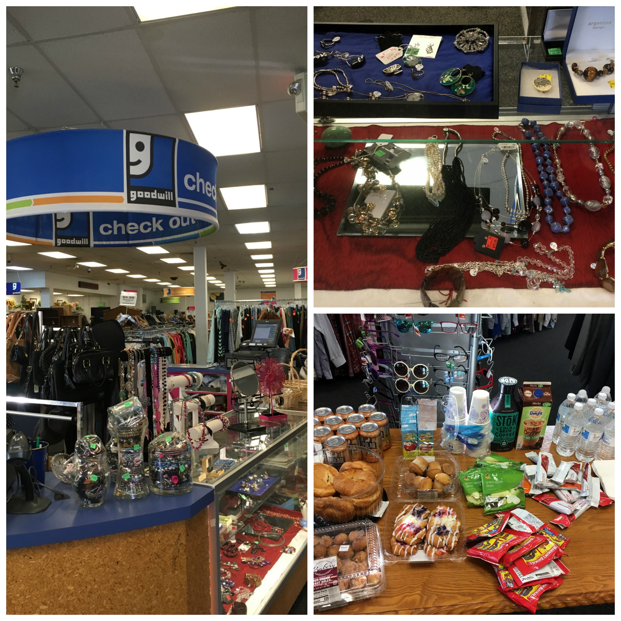 A collage of three pictures: one of the checkout counter of the Glebe Road Goodwill location, one of the Glebe Road jewlery case, and a third of the breakfast set out for the Meetup Attendees