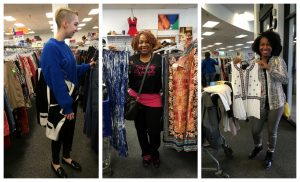A collage of three pictures, one with a woman in blue looking through a rack of cloths, the second with a woman in a black shirt holding up a blue dress and a orange dress, and a third picture with woman holding up a white dress