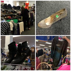 A collage of pictures that shoes an attendee looking through the racks at the Glebe Road Meetup, a golden high heeled shoe, a pair of black heeled boots, and someone handing a dress across the counter at the Glebe Road location