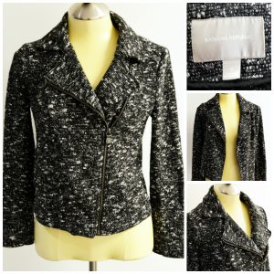 A collage of pictures that show a Banana Republic black, gray, white woven moto jacket