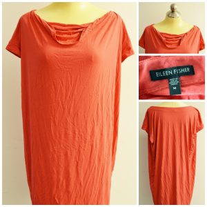 Collage of four pictures showing a coral Eileen Fisher sleeveless tunic