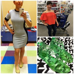 A collage of three pictures: one of the DCGF in a grey form fitting dress, another picture of the DCGF standing in front of a full shopping cart, and a third picture of green jelly shoes