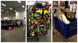 A collage of three pictures: the picture on the left is of the front of the Dale City Goodwill retail store, the center image is of a colorful long sleeved top with a northwestern native american tribal design, and the image on the right is of a shopping cart full of items found at the Dale City retail location