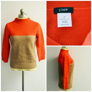 A collage of three pictures all showing different angles of a color blocking, tangerine and camel colored sweater