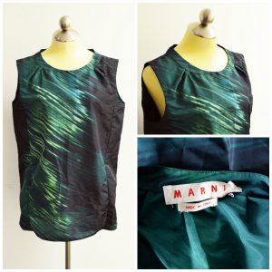 A collage of pictures showing different angles of a green, blue, and black watercolor Marni sleeveless blouse