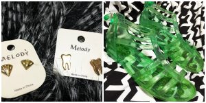 A collage of two pictures: one picture of two sets of gold earrings shaped like teeth and diamonds and the other picture of green jelly sandles