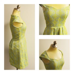 A collage of three pictures showing different angles of a short sleeveless dress that is lime green and bright yellow in a geometric pattern