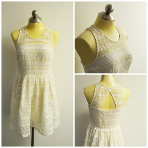 A collage of three pictures showing differrent angles of a sleeveless, lace patterned, cream, knee high dress