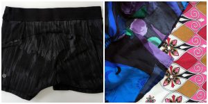 A collage of two pictures: one of black and gray Lululemon shorts and one with closeups of patterned and colorful shirts