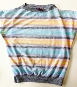 Vintage, preppy, shirt with gray collar and wasteband and with yellow, pink, blue, and gray stripes