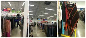 A collage of three pictures: one of a MeetUp attendee looking through the women's slacks racks at the Clinton Goodwill retail store; a middle one of the interior of the Clinton Goodwill retail store showing rows of full clothing racks; and a third one of a brown shawl on a rack at the Clinton Goodwill retail store