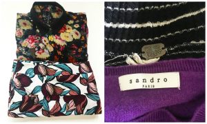 A collage of two pictures: one of them being two blouses, one darker with a floral pattern on it and the other a white one with an intricate brown and blue pattern and the other of two shirts: one purple one with a sandro paris tag and the other a white and black striped one with a We the Free+ tag