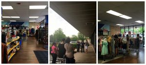 A collage of three pictures: the right one being the front of the Falls Church Goodwill location with racks and shelves of merchandise; the middle picture being of people standing outside of the front of the Falls Church Goodwill location waiting for the DCGF MeetUp to begin; and the right picture is another shot of the front of the inside of the retail store