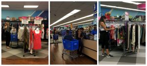 A collage of three pictures: the one on thr left being of a woman shopping the racks of the Falls Church Goodwill retail store; the middle being a woman purchasing items at the checkout of the Falls Church Goodwill store; and the picture on the left of a woman shopping the racks of the store