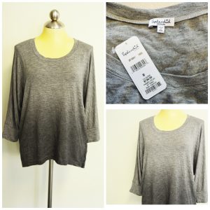 A collage of three pictures of a ombre gray splendid top. Two pictures are of the top on a mannequin and the third is of the original sales tags