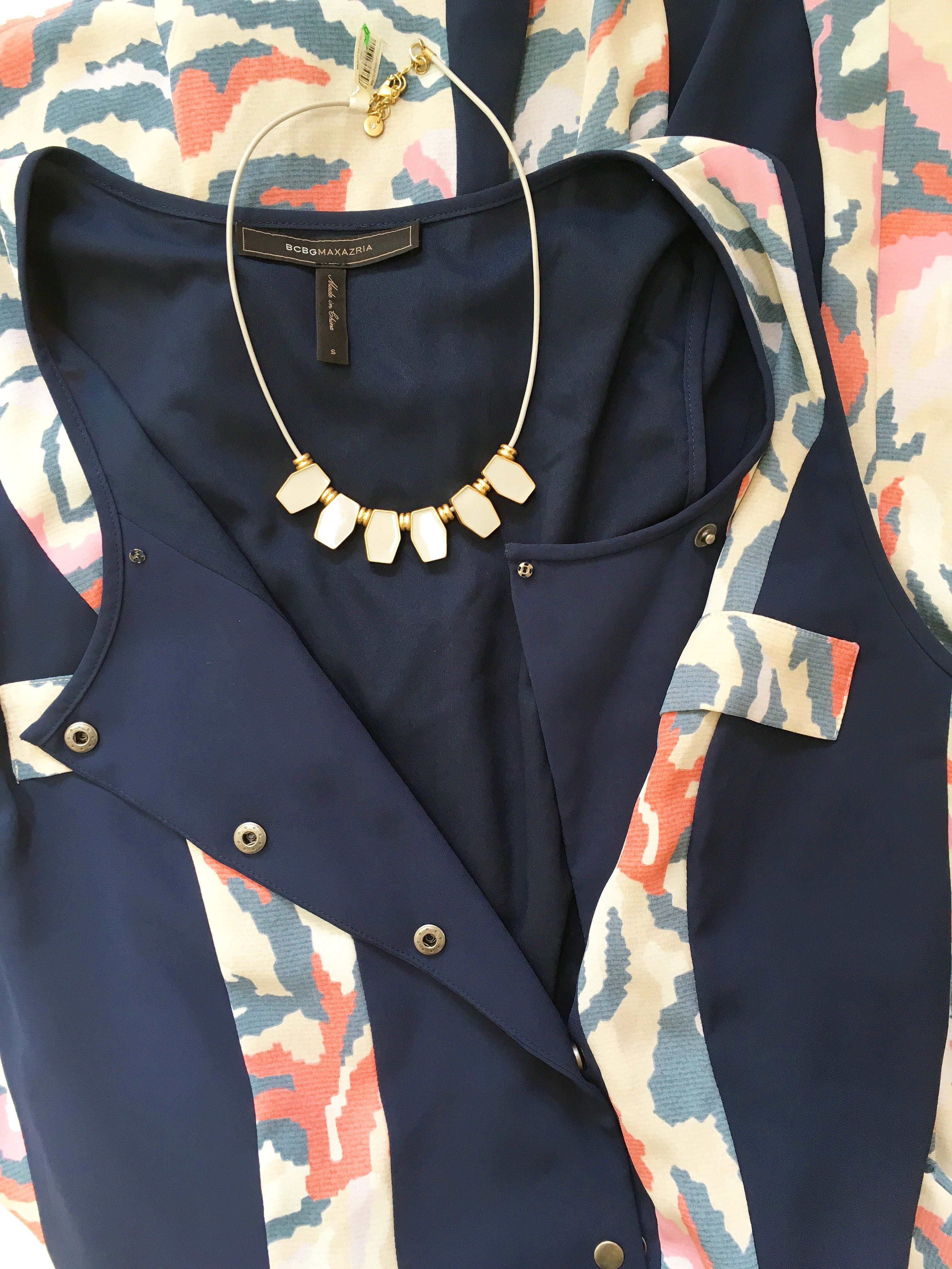 loft necklace and BCBG dress