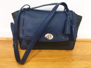 Picture of a black and blue Coach purse