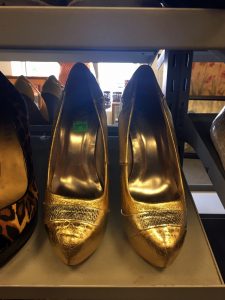 A picture of gold heels at the Waldorf Goodwill of Greater Washington retail location