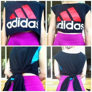 A collage of four pictures: top right of a woman's midsection in a purple skirt and an Adidas mid rift DIY shirt, the top left is the same picture except the shirt is now loose, the bottom right is of the back of the shirt which shows the shirt is tied in a knot, and the bottom left is the same picture except at an angle