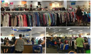 A collage of three pictures: the top largest one is of one of the women's cloths racks at the Alexandria Goodwill of Greater Washington store, the bottom left is of the check out cash wrap at the same store with customers around it, and the bottom right one is of customers shopping around the store