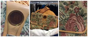 A collage of three pictures of a vintage Fendi purse: the first one on the left is of a close up of the purse's round, leather, logo, the middle one is of the whole purse itself, and the last one on the right is a close up of the purse's floral stitching pattern