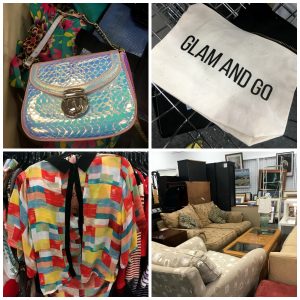 A collage of four pictures: the top left one is of a color changing (between pink and teal) purse with a gold buckle; the one on the top right is of a white bag that has "Glam and Go" in black lettering on it, the bottom left one is of a red, yellow, withe, and orange top with a black collar and bow on it, and the one on the bottom right is of the furniture section at the Kings Highway Goodwill retail store
