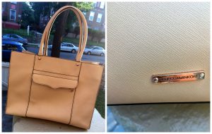 A collage of two pictures: the one on the left shows a tan, leather, Rebecca Minkoff purse, the picture on the right shows a close up of the brand plate on the purse.