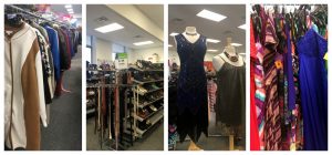 A collage of four pictures: the one on the left is looking down a rack of cloths in a Goodwill retail store with a white and tan jacket at the front of the rack; the picture second from the left is of racks of shoes and leather belts; the one second from the right shows two mannequins, one with a blue sequin dress and the other with a olive green sleeveless woman's shirt; and the picture all the way on the right is a closeup of colorful cloths on a rack in a Goodwill retail store