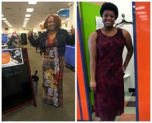 A collage of two pictures: the left picture is of an African American woman in a floral dress and jean jacket standing next to a chalkboard A-frame sign holding two thumbs up; the picture on the right is of an African American woman standing outside of colorful dressing rooms in a deep red dress