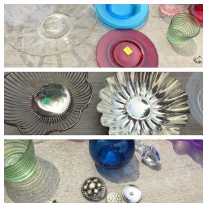 A collage of three pictures: the top one has blue and red plates, a clear bowl, and colorful glass cups; the middle one is of a metal jello mold and slotted bowl; and the bottom on is of a blue vase, colorful buttons, and a green glass