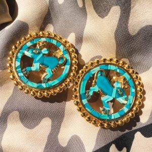 Peruvian Vintage Clip on Blue & Gold Medallions 