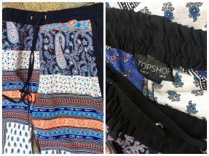 A collage of two pictures showing different views of a pair of ornately patterned Topshop pants. They have the colors orange, blue, navy, light blue, and white. They have a drawstring at the top.
