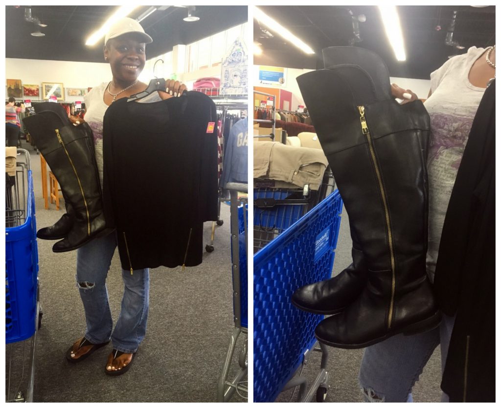 A collage of two pictures: the one on the left is of an African American woman in a white shirt, jeans, and a white cap holding a pair Christian Siriano black boots with a gold zipper and matching black zipper top. The picture on the right is a close up of the boots