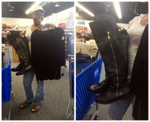 A collage of two pictures: the one on the left is of an African American woman in a white shirt, jeans, and a white cap holding a pair Christian Siriano black boots with a gold zipper and matching black zipper top. The picture on the right is a close up of the boots 