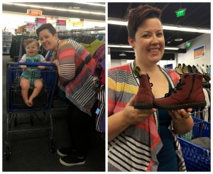 A collage of two pictures: the one on the left is of a woman with her baby. The baby is in a blue shopping cart and they are standing in an isle of the Centreville VA Goodwill location. The picture on the right is of the same woman holding a pair of red canvas baby Doc Maartans