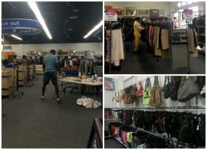 A collage of three pictures. The larger one on the left is of the front section of the Centreville VA Goodwill retail store. It shows the check out registers, an African American man in dark blue shorts and a light blue t-shirt standing with his back to the camera, a rack on the far all with various merchandise, and a fold up table with merchandise on it. The picture on the top right is of a woman shopping in racks of clothing at the same Goodwill store. And the picture on the bottom right is of purses hanging on wall racks at the same Goodwill location