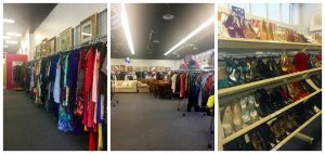 A collage of three pictures: the one of the left is of a rack of clothing, the middle picture shows two round racks of clothing and some furniture and posters and paintings in the background, and the picture on the right is of a rack of shoes. All three of the pictures were taken at the Goodwill of Greater Washington Sully Station location before the grand opening