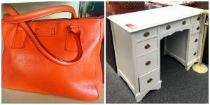 A collage of two pictures: the picture on the left is of an orange Kate Spade purse and the picture on the right is of a vintage, white, desk