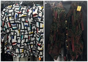 A collage of two pictures: the picture on the left is of a vintage white blouse with black, yellow, red, and green lines on it and the picture on the right is of a dark vintage vest with gold buttons with black, dark red, and dark green on it
