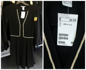 A collage of two pictures: the one on the left is of an H&M black dress and the picture on the right is of that same dresses tag