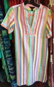 A picture of the striped J Crew dress. It has vertical stripes and it has pastel colors of green, blue, red, purple, and pink