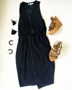 A picture of four items, black, silk, tuxedo-style dress by Elizabeth & James, animal print wedges by Tallulah Blu, dangle tassel black earrings, and black and gold half circle earrings