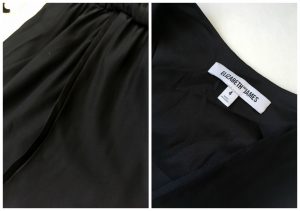 A collage of two pictures: the one on the left is a close up of the black, silk, tuxedo-style dress by Elizabeth & James and the one on the right is the tag of the same dress.