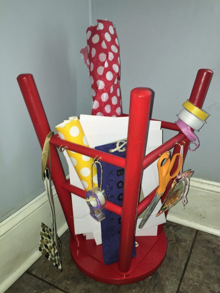 Goodwill blog stool upcycle wrapping paper stand