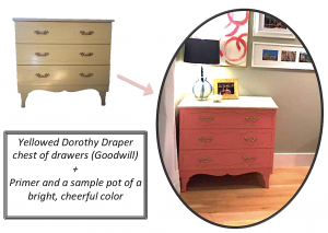 A before and after diagram of a dresser that has been transformed from a plain color to a bright pink with a white top. The after picture is framed in an oval frame and there is a short description of how it has been transformed. The final product is set up in a room with a couple of items including a lamp on top of it. 