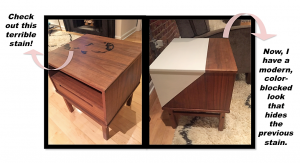 A before and after picture of a wooden end table. The picture on the left is of the before in which it has stains on it. The after picture on the right shows it has been painted with a white section to cover the stain in an artistic way. There are pink arrows pointing toward the margin of the picture in which descriptions are made of how to DIY this table. 