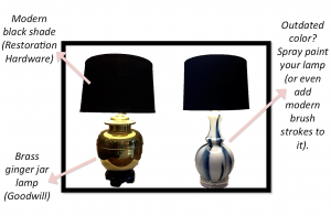 A picture of two lamps, one gold one with a black shade and the other a white and blue one with a black shade. There are pink arrows pointing to them with suggestions on how to DIY them